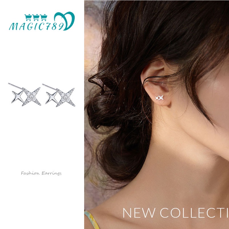 Magic789 Anting Tusuk Sterling Silver 925 Model Salib / Bintang Hias Kristal CZ Berkilau Ala Korea Untuk Wanita