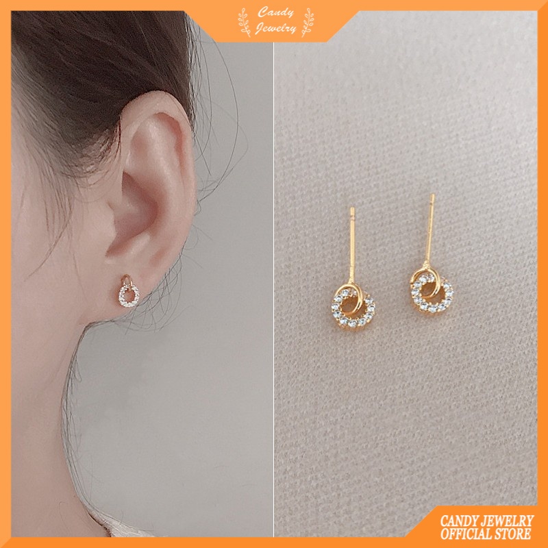 Candy Jewelry Fashion Copper Earrings Female Rhinestone Geometric Circle Hoop Earring Gold Silver Ear Studs Simple