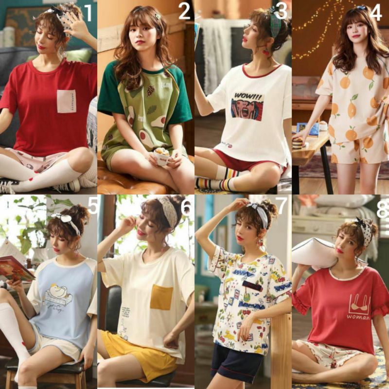 BAJU TIDUR PIYAMA CEWEK KAOS KATUN IMPORT BERKUALITAS LENGAN PENDEK SETELAN CELANA PENDEK HOTPANTS MOTIF CANTIK TERBARU SIZE M-XXL FIT TO 75KG