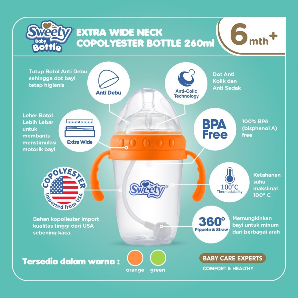 Sweety botol baby bottle wide neck glass / copolyester with handle +pemberat sweety