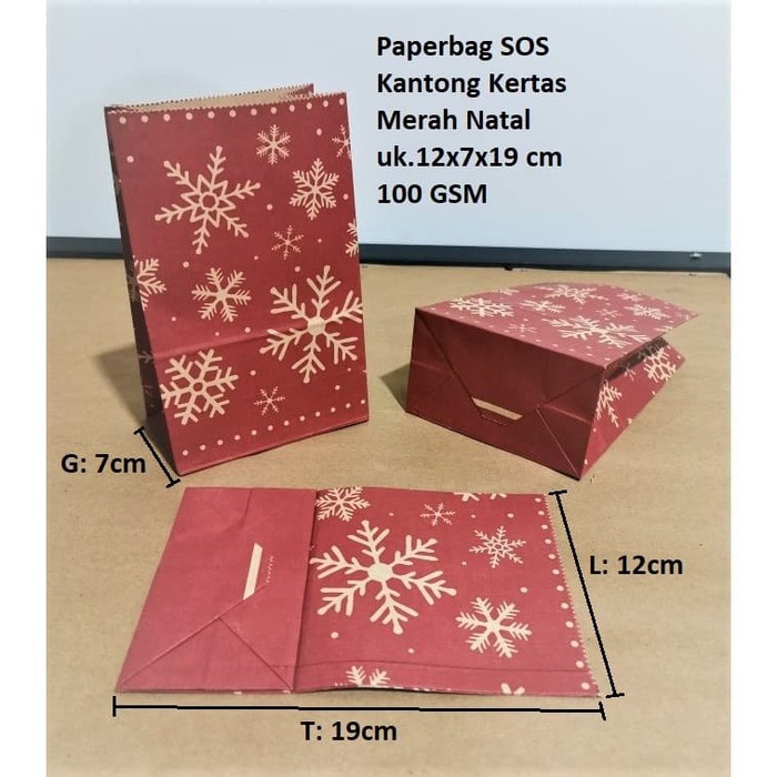 

Paperbag Kantong Kertas SOS Merah Natal 12x7x19cm Christmas Kertas Bungkus Roti / Makanan / Motif
