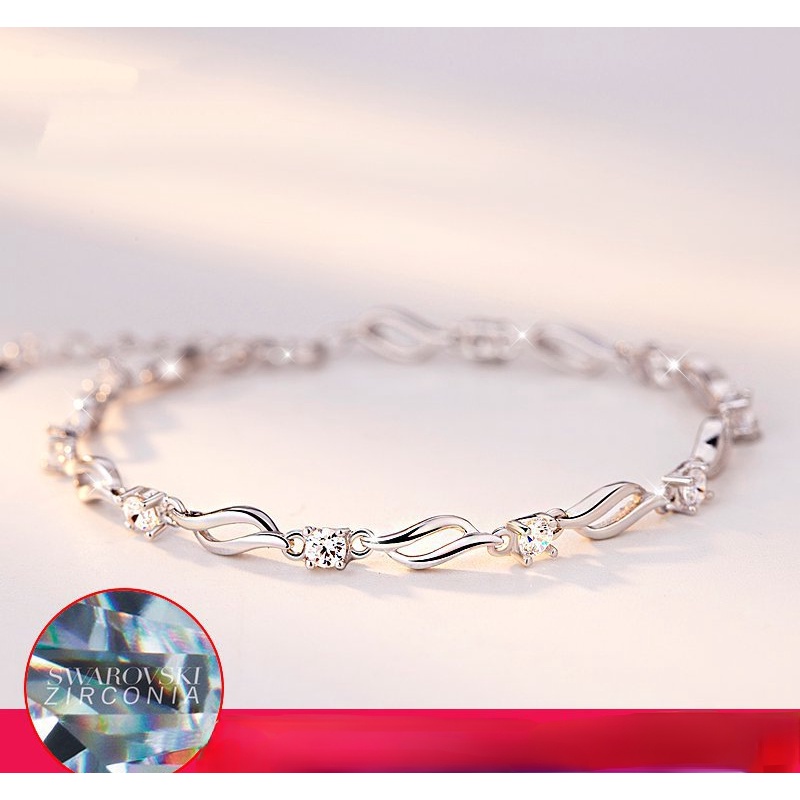 Gelang Bahan Stainless Steel Lapis Silver Aksen Berlian Kristal Untuk Wanita