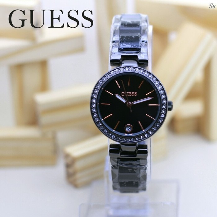 JAM TANGAN GUESS FASHION RING BLACK KOMBINASI KERAMIK PLATE HITAM // GS021 (RING HITAM PH)