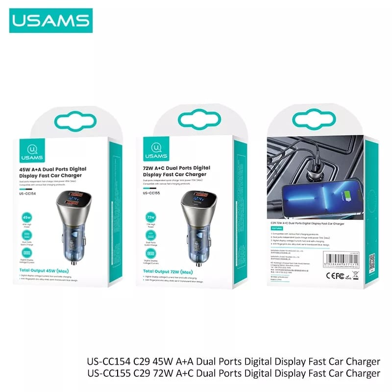 USAMS SUPER FAST CHARGING CAR CHARGER 45W/ 72W DIGITAL DISPLAY USB TYPE C / DUAL USB A