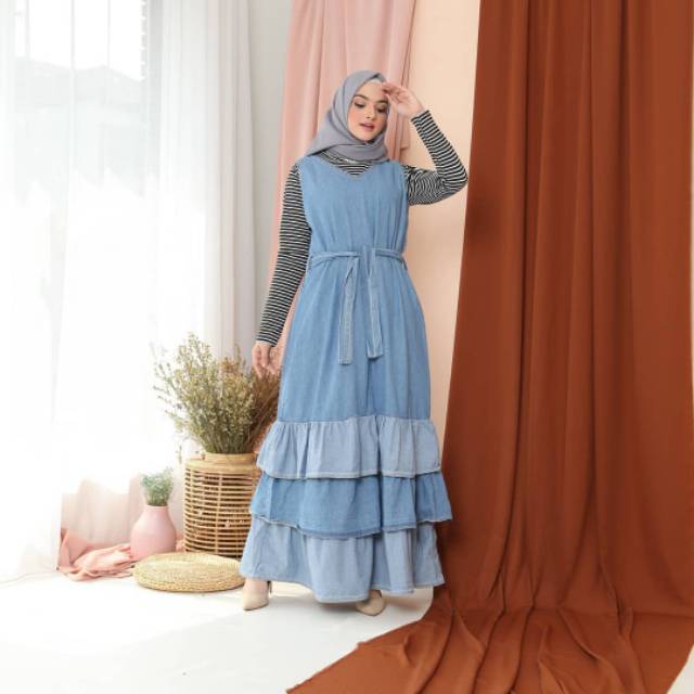  Gamis  Jeans  Maina Bahan Jenas Kaos  Inner Salur 77020 