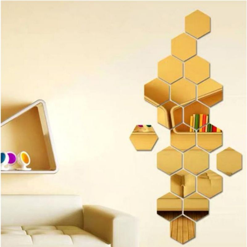 Hiasan Dinding Mirror Hexsagon Stiker Dinding Kaca Cermin Mirror Gold