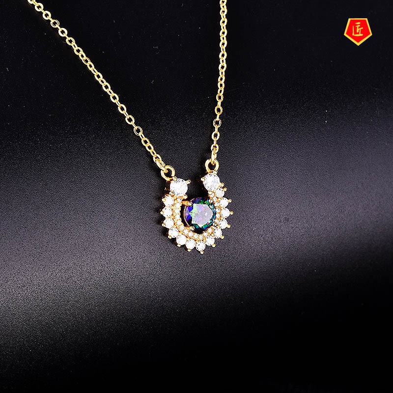 [Ready Stock]Horseshoe-Shaped Inlaid Diamond Pendant Gold Necklace