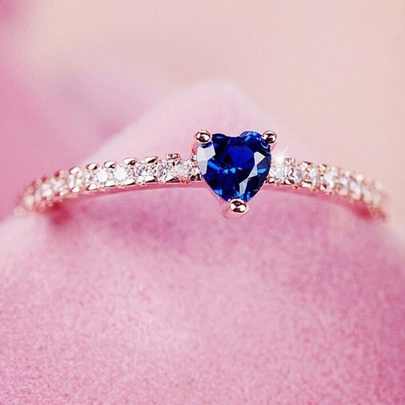 Baru 18K Rose Emas Plated Berbentuk Hati Biru Diamond Cincin Perhiasan