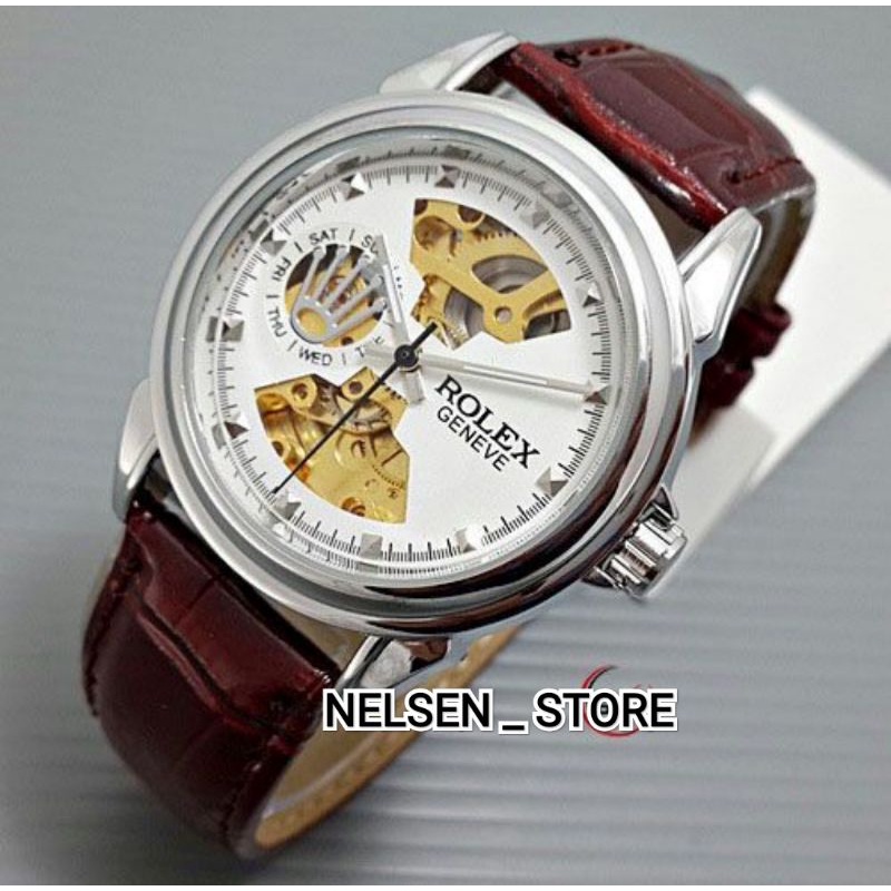 Jam Tangan Wanita Transparan Tali Kulit Mesin Automatic / Jam Tangan Fashion Wanita Tali Kulit Best 