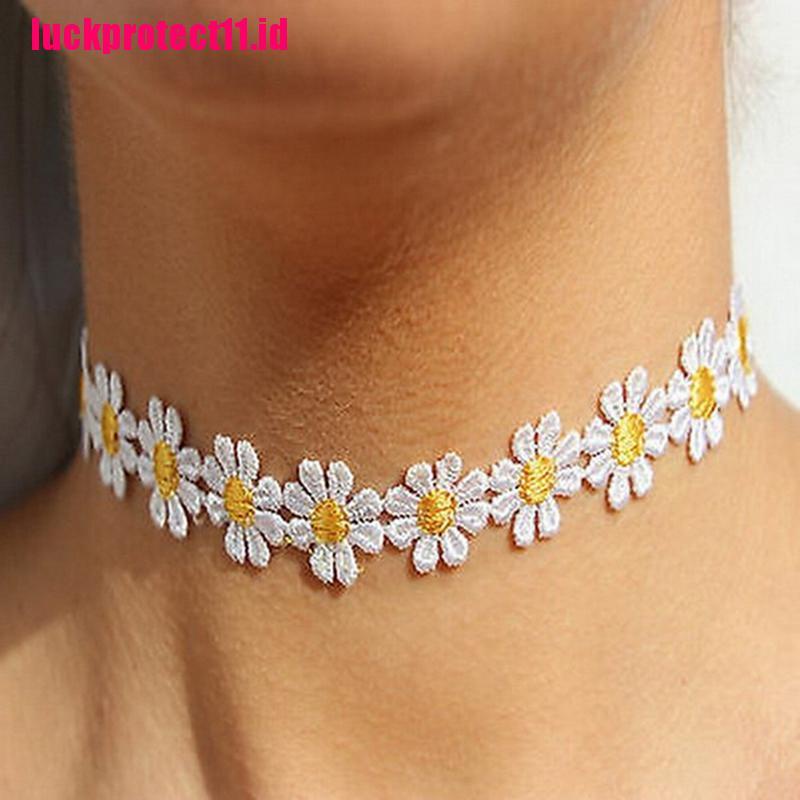 Kalung Choker Rantai Renda Bunga Daisy Warna Kuning Putih Gaya Boho Untuk Wanita