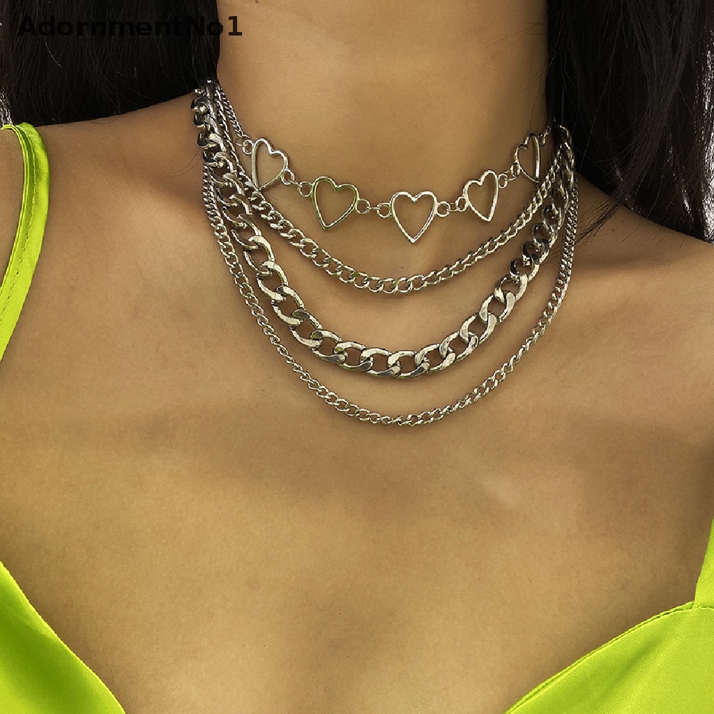 (AdornmentNo1) Kalung Choker Rantai Banyak Lapis Dengan Liontin Hati Hollow Out Gaya Punk Untuk Wanita