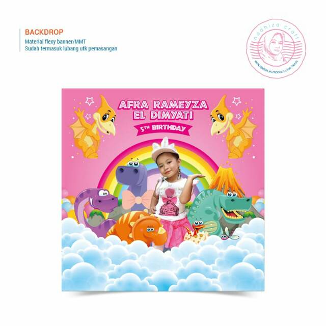 BACKDROP BANNER ULANG TAHUN TEMA DINOSAURUS GIRL