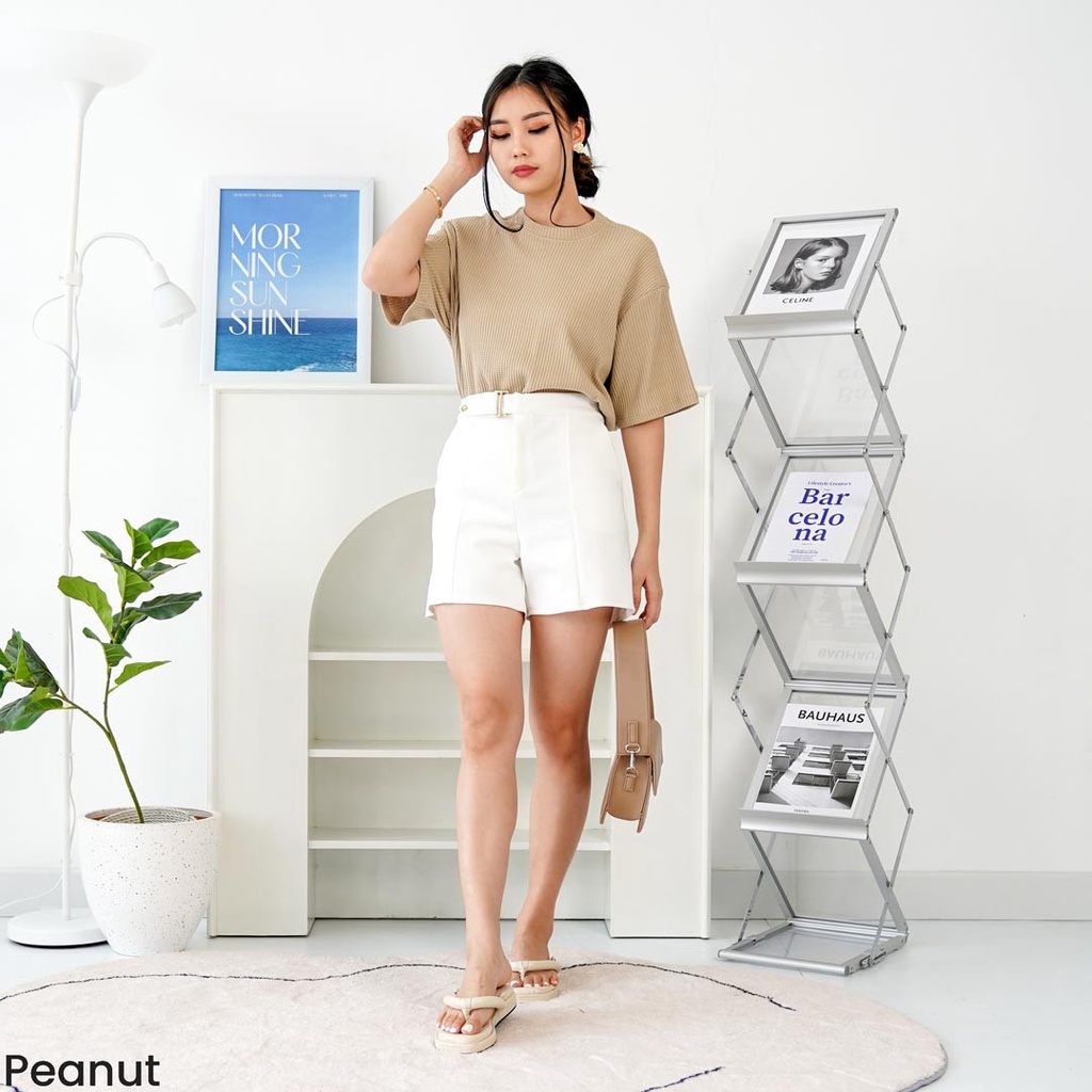 Kaos Wafle Knit Unisex Atasan Blouse Top Wanita