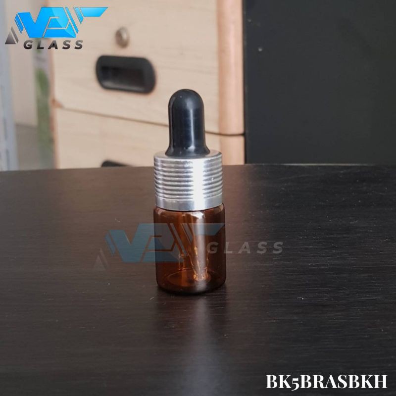 botol kaca pipet 5ml coklat / amber - ring almunium silver bergaris