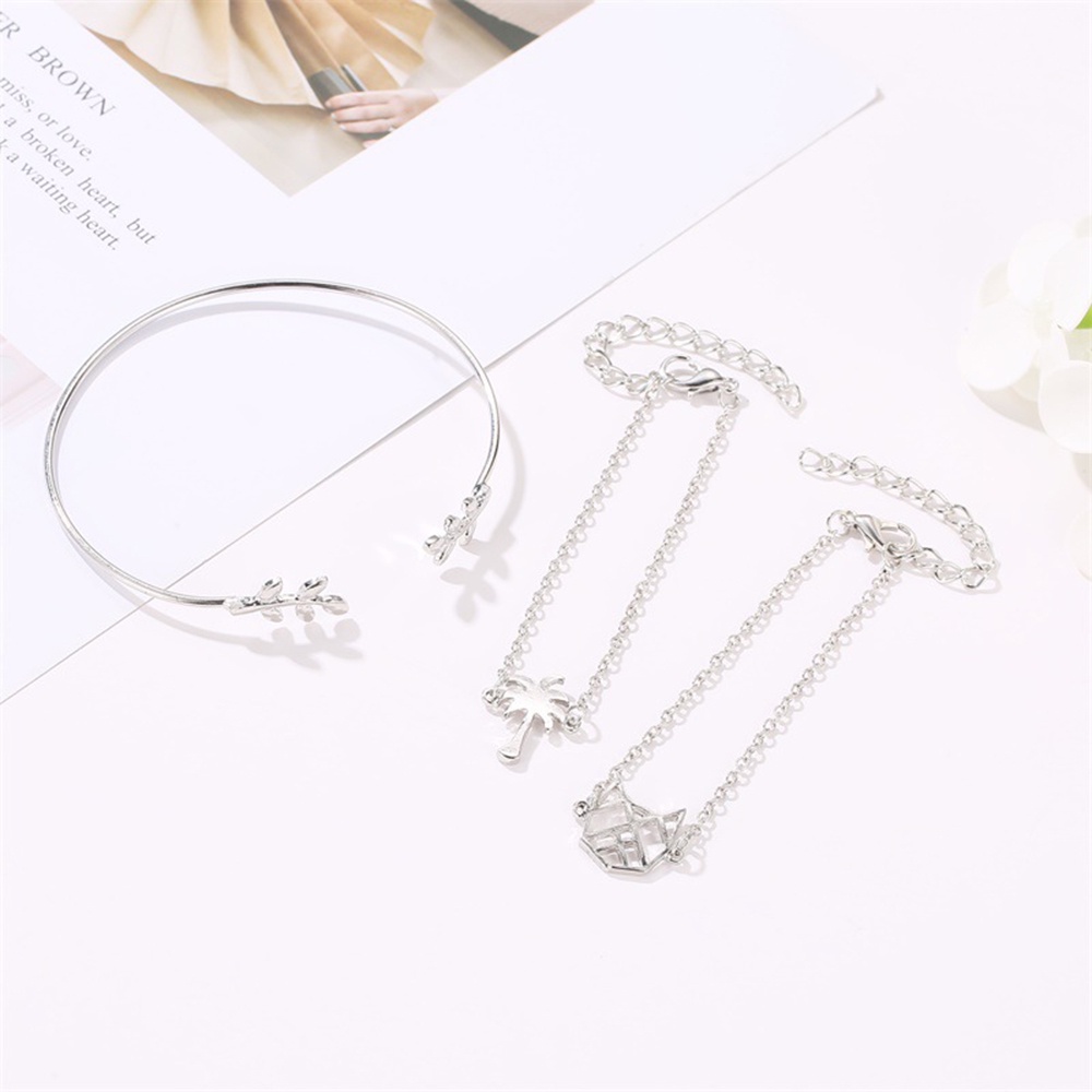 3pcs / set Gelang Bentuk Kucing Daun Model Hollow out Untuk Wanita