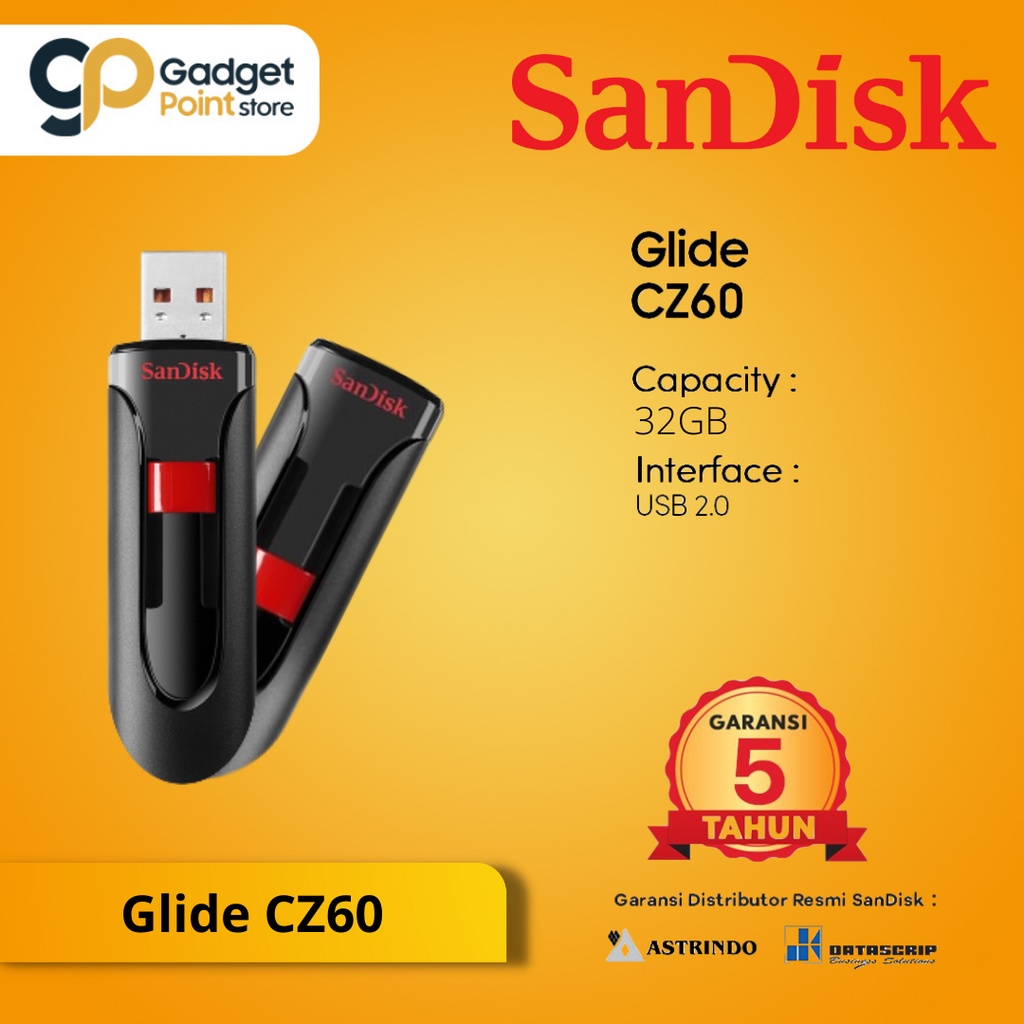 Flashdisk Sandisk Glide CZ60 32GB USB 2.0 - Garansi Resmi 5 Tahun