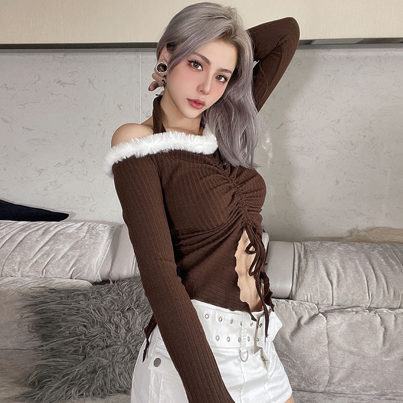 #Sisjuly# Wanita Baru Retro Halter Knit Sweater Wanita Musim Gugur Bertali Atasan Modis Lengan Panja