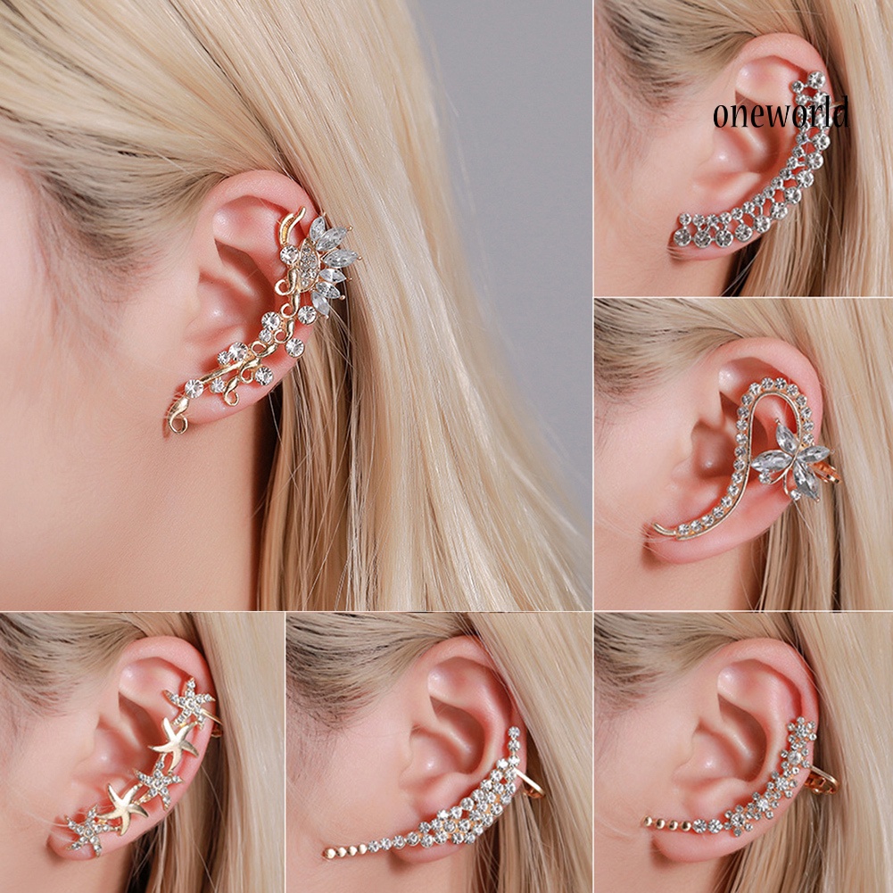 OW# 1Pc Women Rhinestone Flower Butterfly Ear Stud Cuff Clip Earring Helix Jewelry