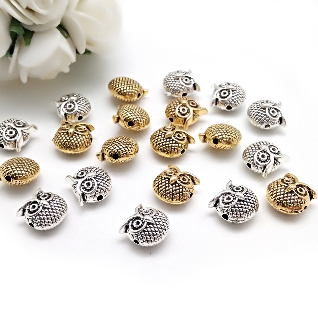 10 Pcs 13X13 Mm Vintage Logam Pesona Kepala Burung Hantu Spacer Beads Zinc Alloy Beads Untuk DIY Perhiasan Temuan Kerajinan Pembuatan Gelang