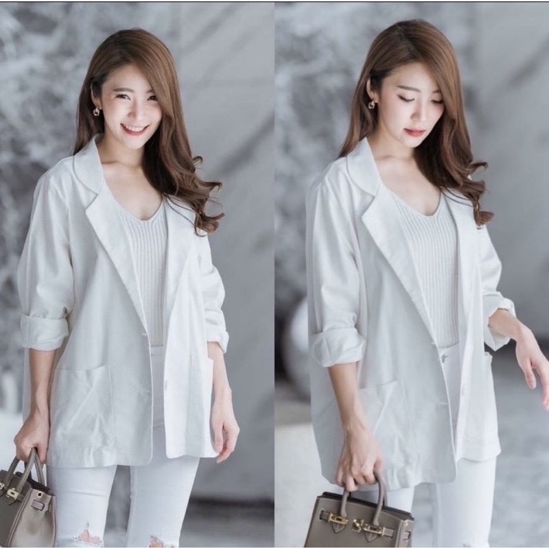 real pic blazer putih / blazer fahion korea / blazer kerja / outer putih / simply pocket blazer