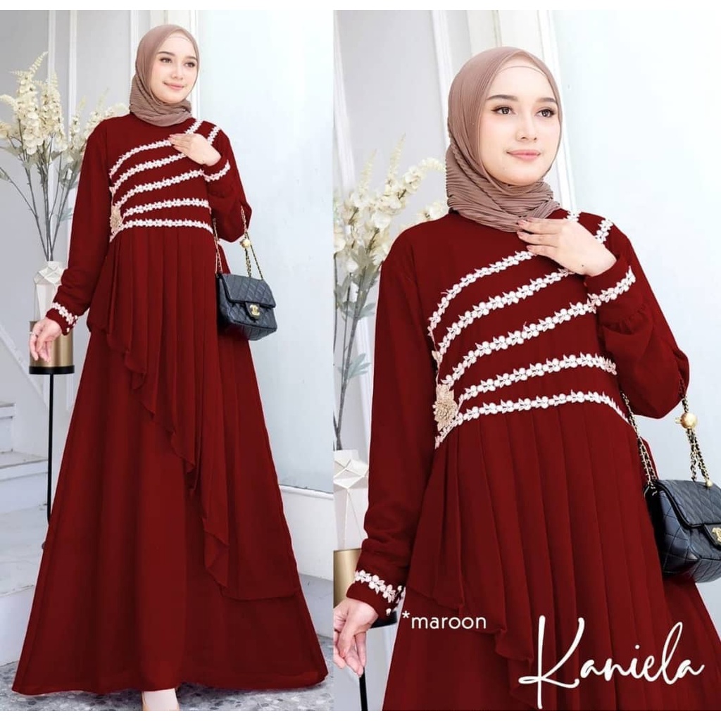 Gamis wanita KANIELA DRESS BAHAN CERUTY BABYDOLL APLIKASI RENDA LD 100 CM Gamis wanita terbaru 2023 Dress wanita kekinian Maxy dress wanita jumbo Baju muslim wanita modern Dress ceruty babydoll premium