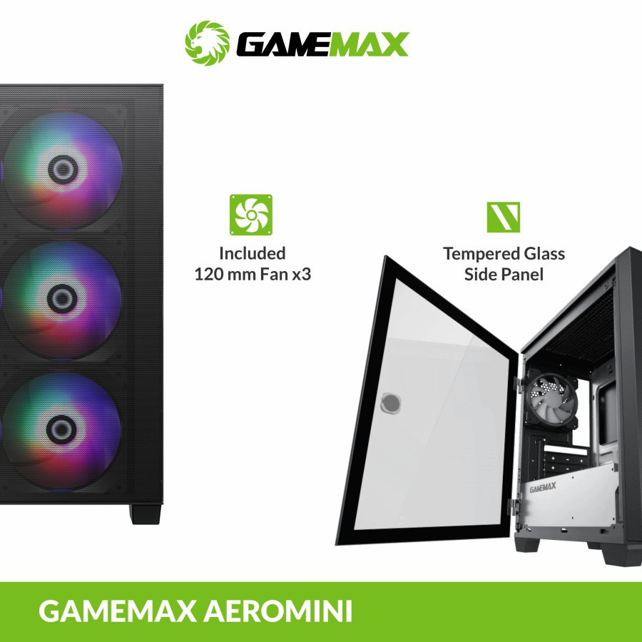 Gamemax Aero Mini PC Case Casing Komputer Gaming 3Fan RGB Tempered Glass Micro ATX