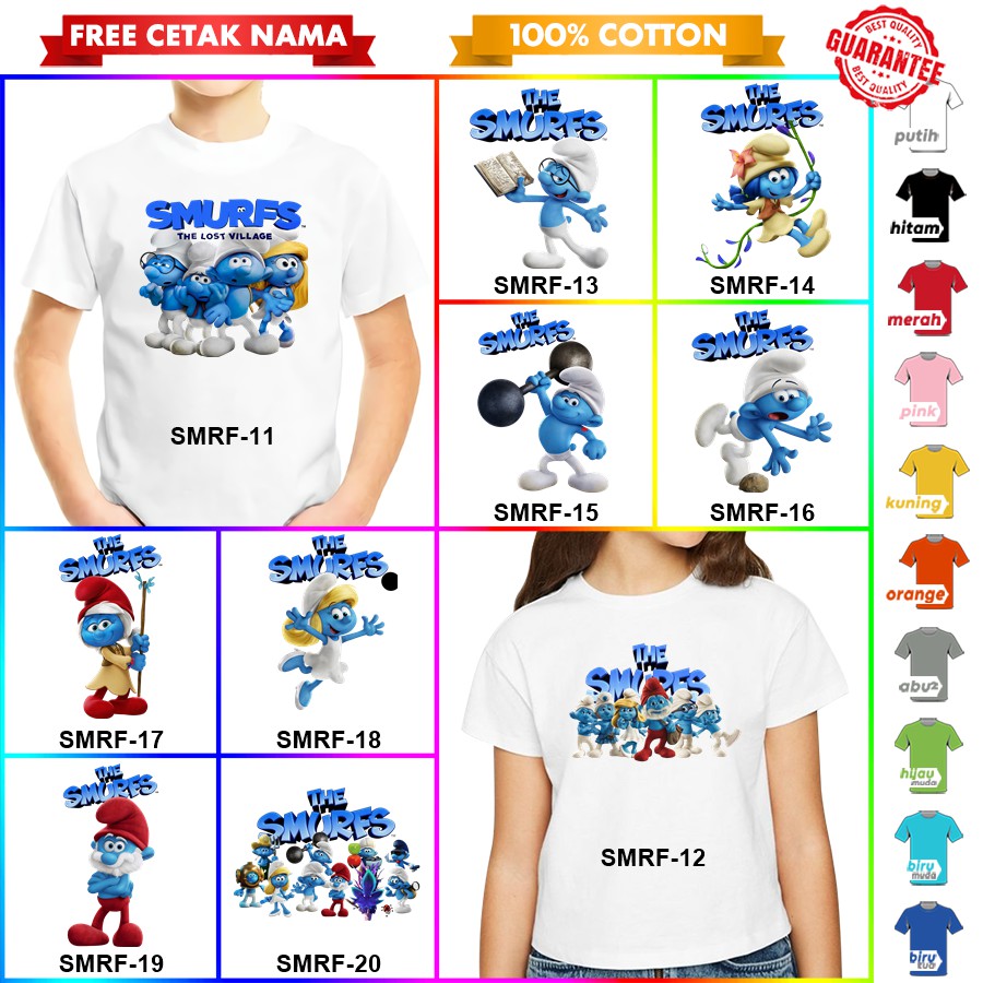 [FREE NAMA!!] Baju Kaos ANAK SMURF BANYAK MOTIF