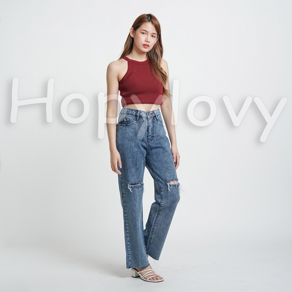 HOPYLOVY - Celana Highwaist Boyfriend Loose Jeans Wanita BF Sobek Unfinished Nediva