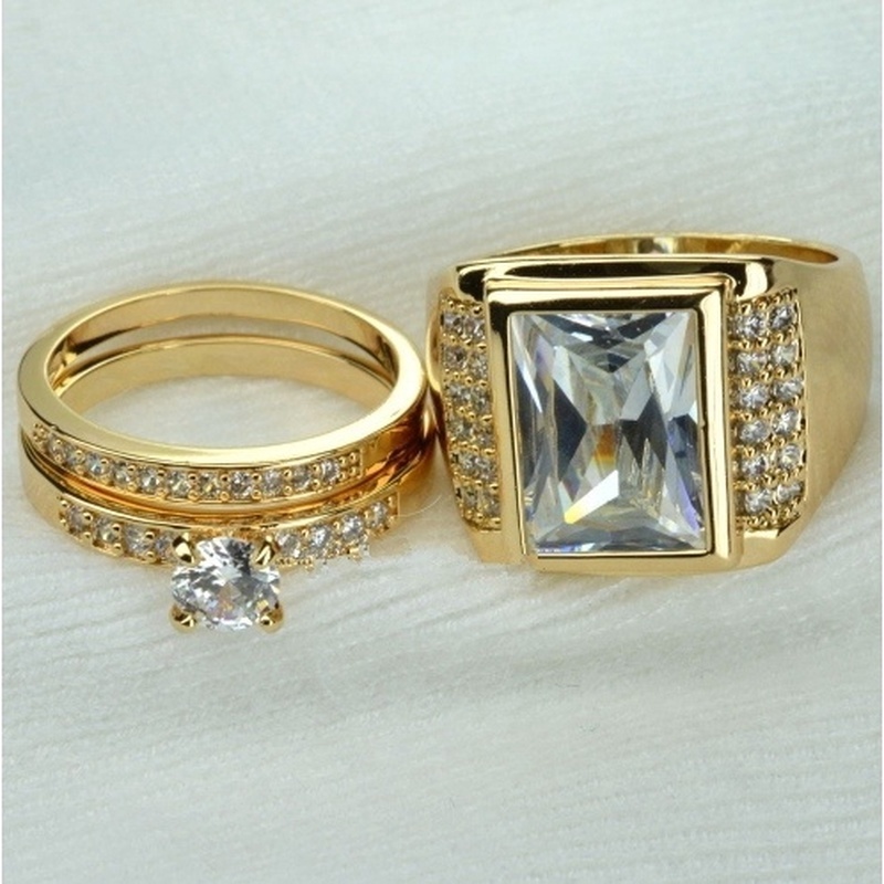 Set Cincin Zircon Berlian 18K Gold Ukuran 7-14 - 5-12 Untuk Pria Dan Wanita