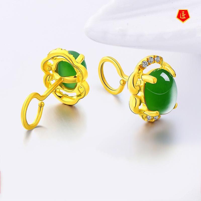 [Ready Stock]New Hetian Jade Green Chalcedony Stud Earrings for Women