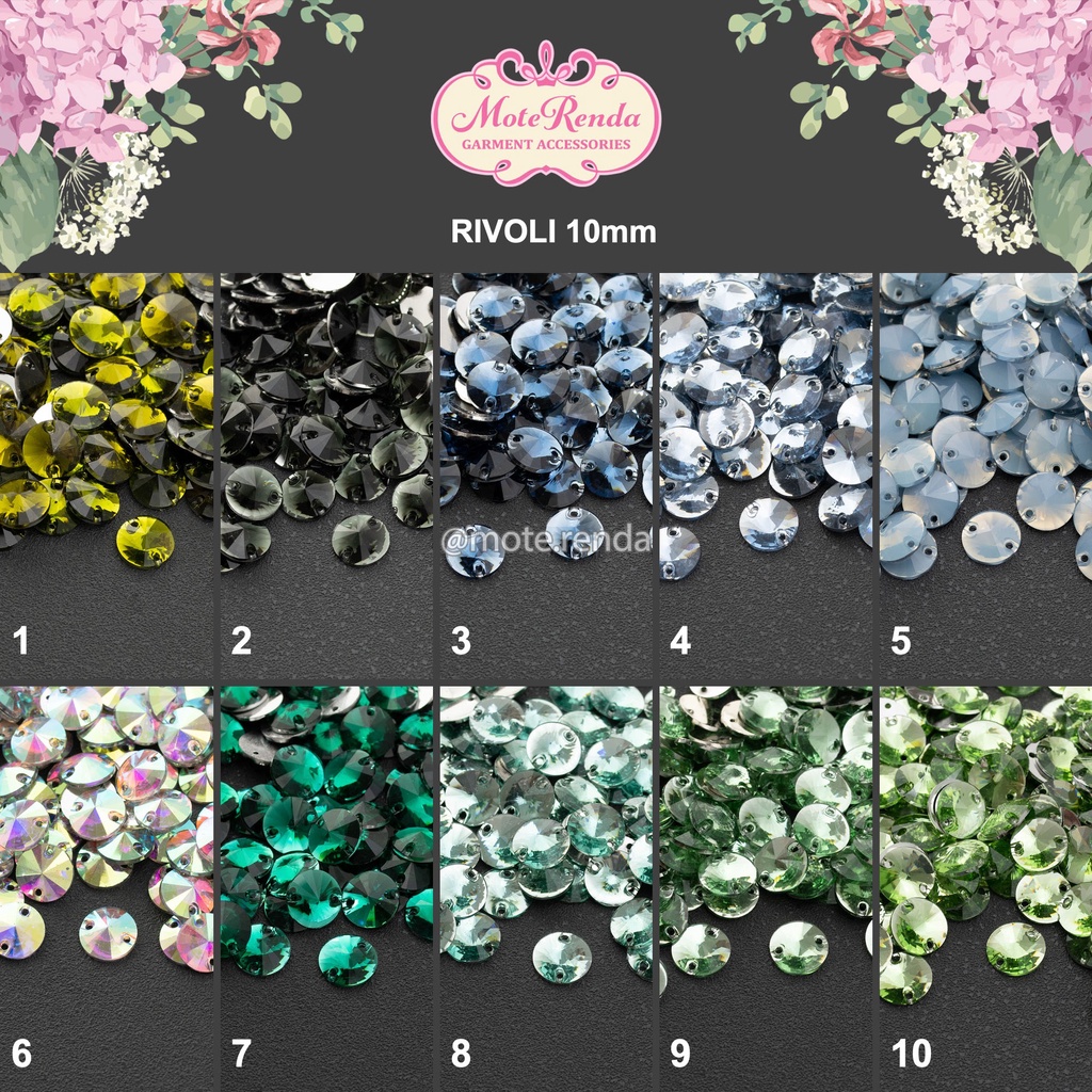 Payet kristal jahit diamond Fancy, bentuk rivoli, size 10mm (harga per lusin), kode 3RFC