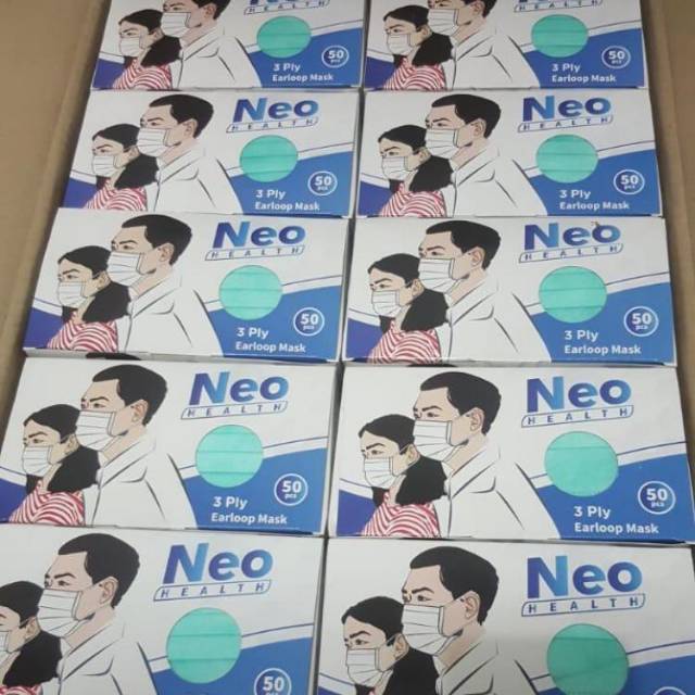 Masker Neo Health 3 Ply isi 50pcs earloop hijau polos sudah kemenkes RI