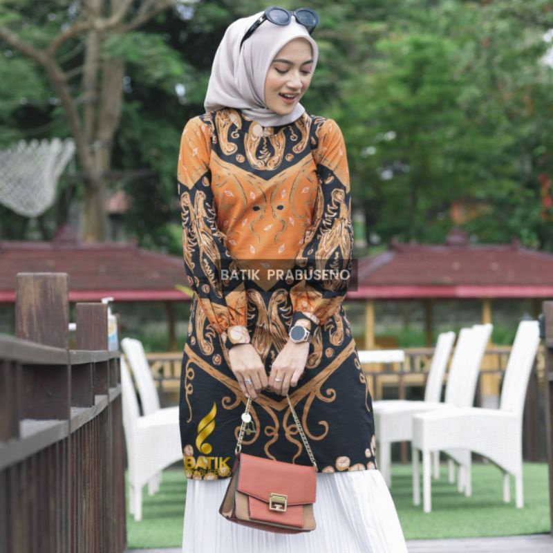 INDIRA HITAM Tunik Batik Wanita Prabuseno Zipper Belakang Model Kekinian Katun Halus Adem Modern Nyaman Di pakai Buat Acara Kondangan dan Kerja kantoran Elegan Bisa COD