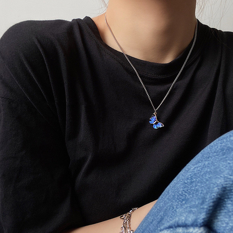 Magic789 Korea Laut Biru Kupu-Kupu Liontin Kalung Untuk Wanita Pria Unisex Fashion Perak Manik-Manik Tulang Selangka Rantai Kalung Perhiasan Hadiah