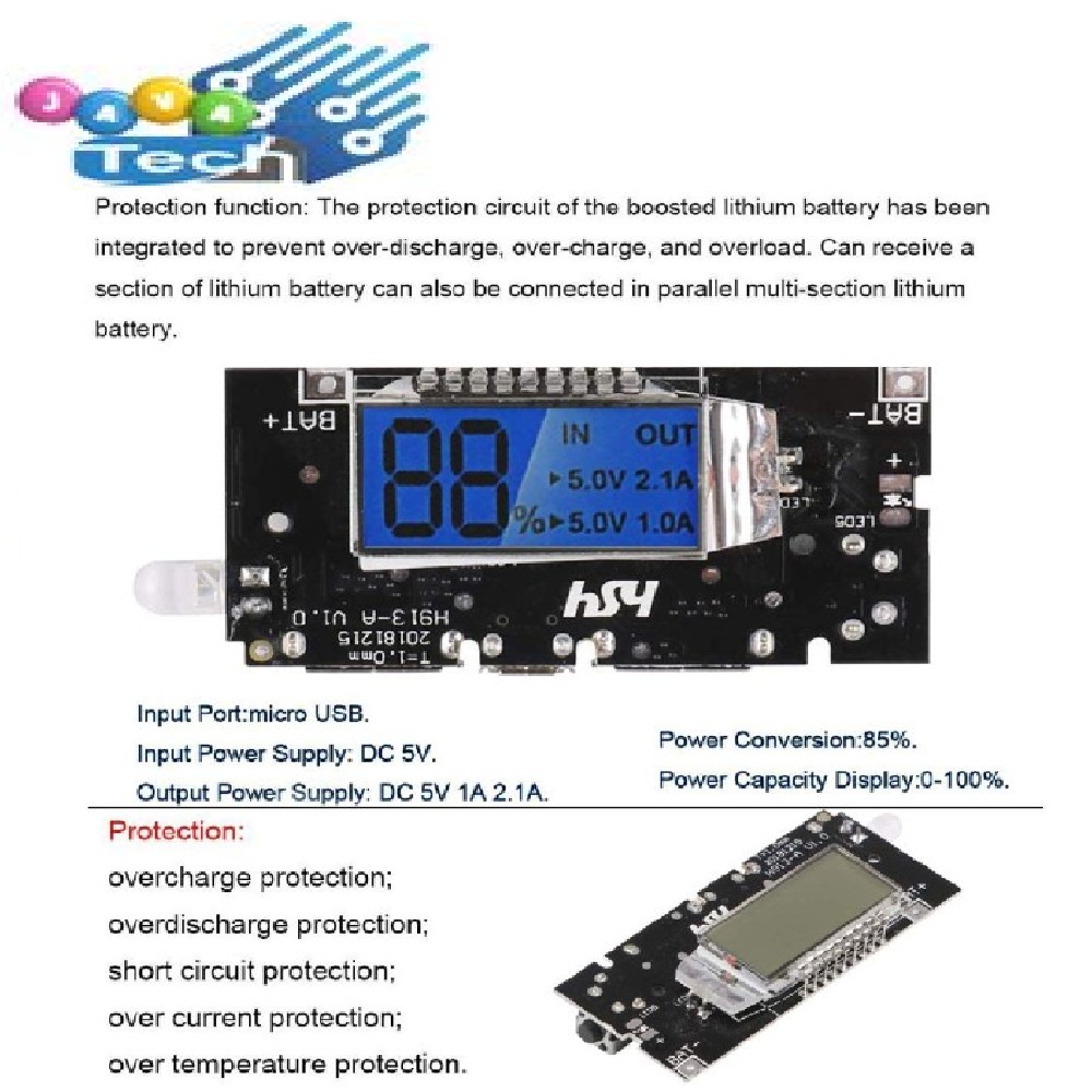 Modul Powerbank H913-A Dual Output 5V 1A &amp; 2.1A dengan LCD Display