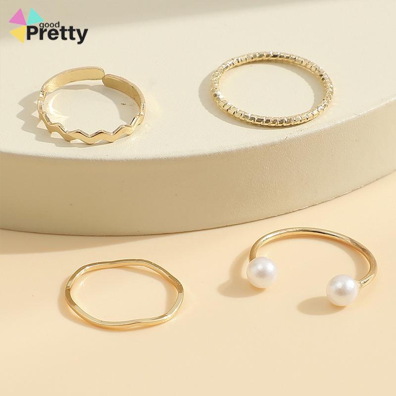 4 Pcs/set Korea Cincin Emas Untuk Wanita Sederhana Mutiara Elegan Cincin Set Dapat Disesuaikan Terbuka Perhiasan Hadiah - PD