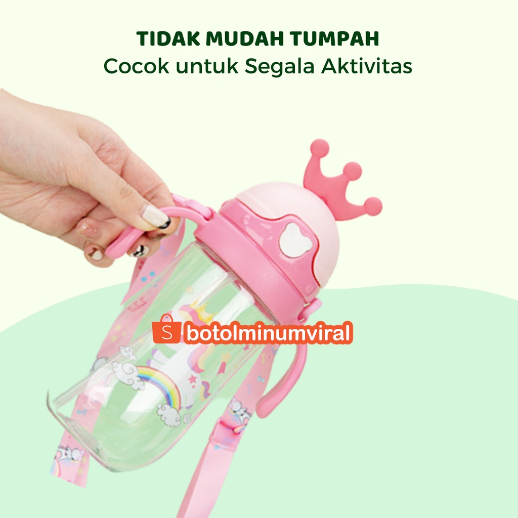 Botol Minum Anak Sekolah TK SD Ada Tali Sedotan BPA FREE Import 450ml Mahkota Premium