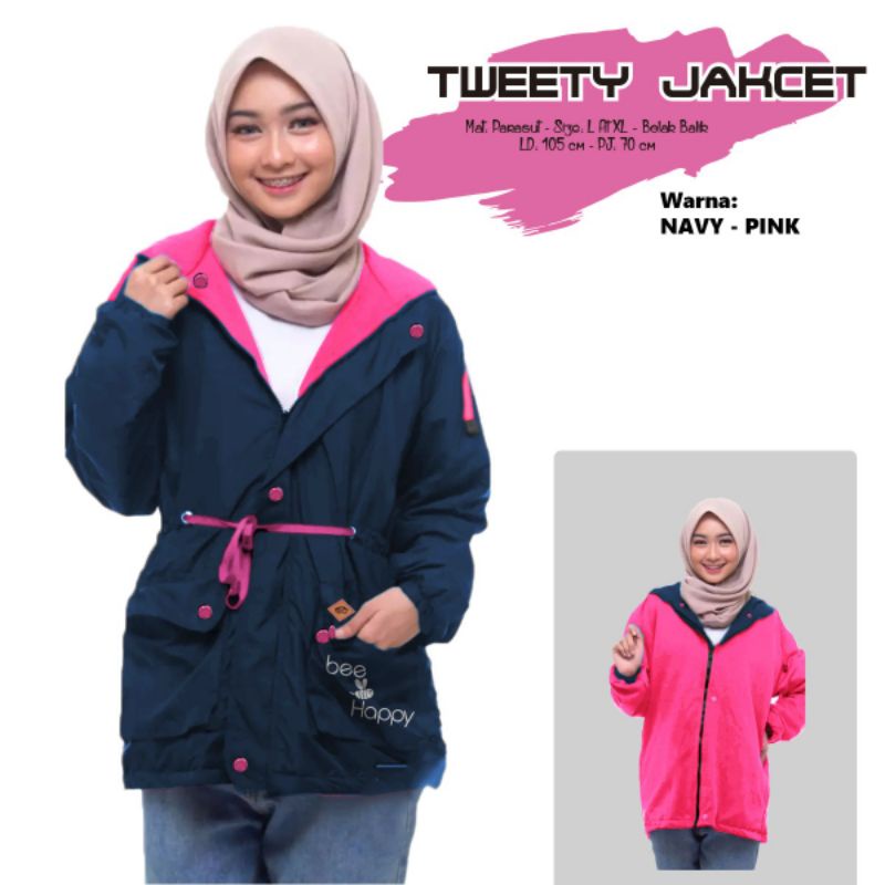 TWEETY JACKET (SEMI PARKA/JAKET Parka wanita//sablon/BOLAK BALIK/be happy/dream wish