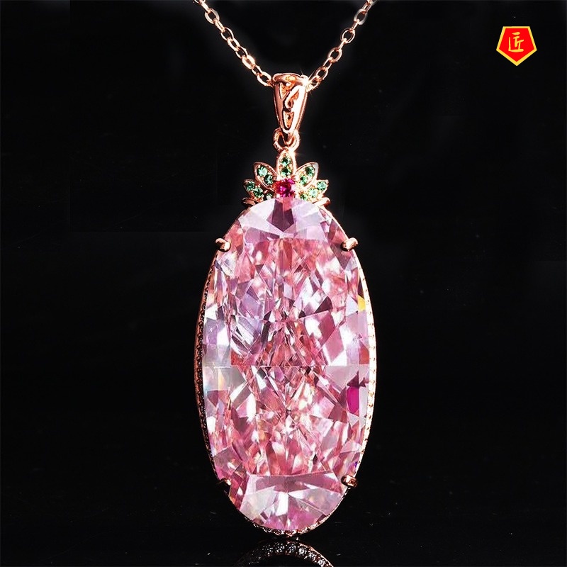 [Ready Stock]Luxury Inlaid Sapphire Pendant Pink Diamond Necklace for Women