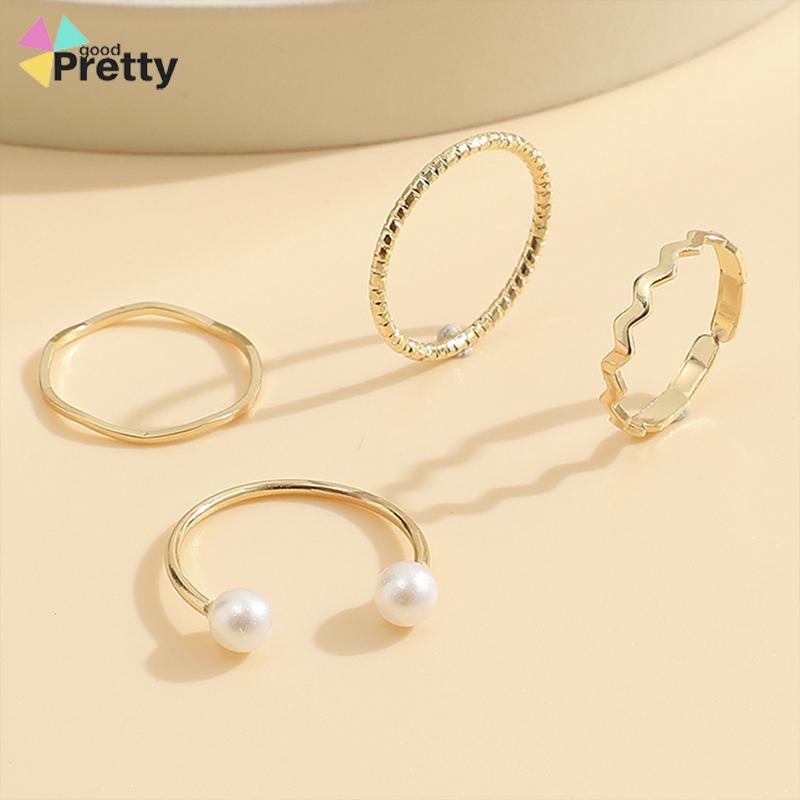 4 Pcs/set Korea Cincin Emas Untuk Wanita Sederhana Mutiara Elegan Cincin Set Dapat Disesuaikan Terbuka Perhiasan Hadiah - PD