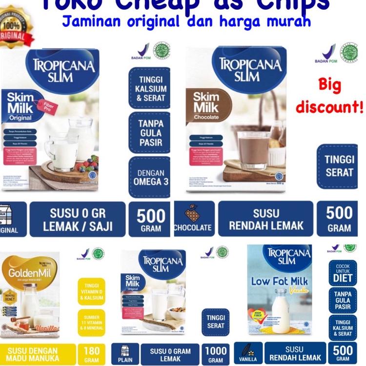 

♥NEW♥ Tropicana Slim susu non fat skim milk fiber pro / High Fiber Milk rasa: Original ( plain ) / Coklat ( chocolate ) Fitosterol 500 / 1000 gram / Goldenmil 500 / Low fat milk 500