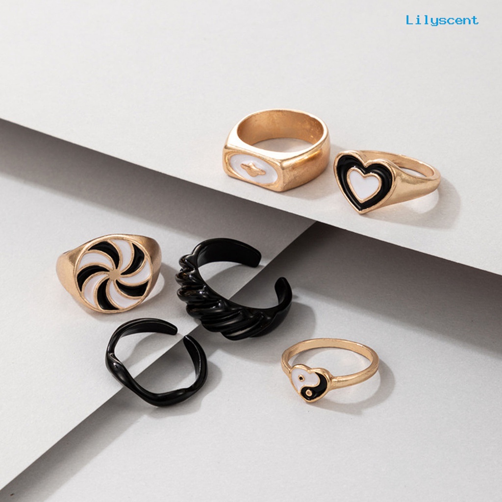 6pcs / Set Cincin Jari Model Terbuka Dapat Ditumpuk Bentuk Hati Kincir Angin Untuk Unisex