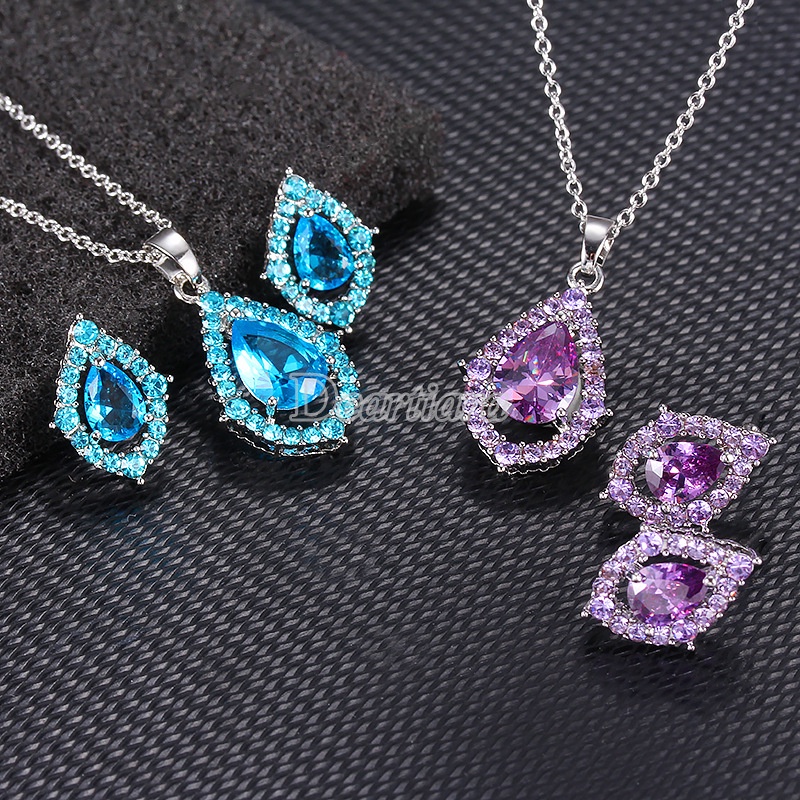 Korean Style Bridal Drop Necklace Earrings Set Shiny Zircon Accessories