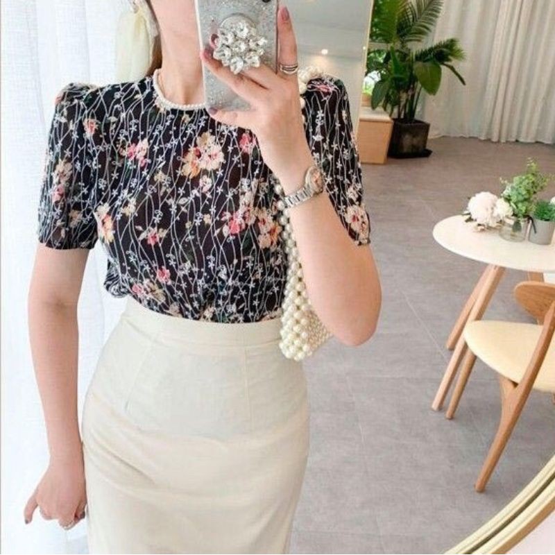 Blouse bordir wanita import hongkong atasan bordir lengan pendek import hongkong