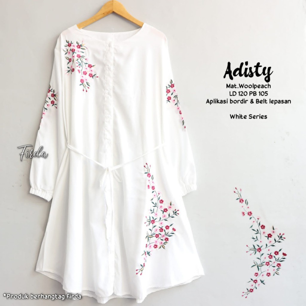 Atasan Long Tunik Putih Bordir Jumbo Wanita Bahan Wolpeach XXL Ld 120 Lengan Panjang Adem Premium Ke