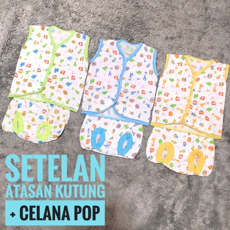 (Isi 3) Setelan Baju Bayi Lengan Kutung dan Celana Pop Motif Tabur