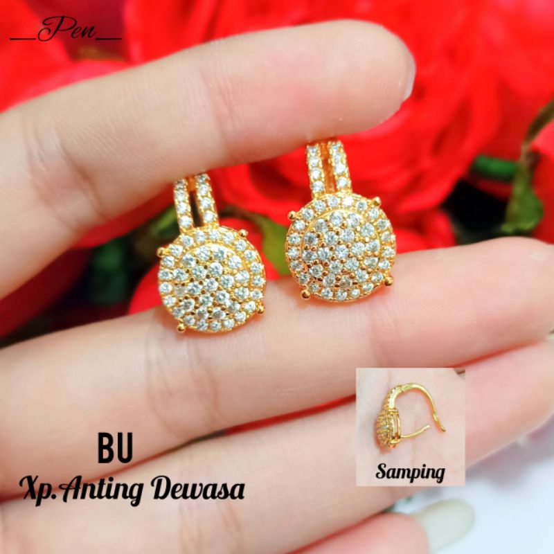 Anting Full permata zircon jepit logam emas Hongkong,tidak Karat *COD*