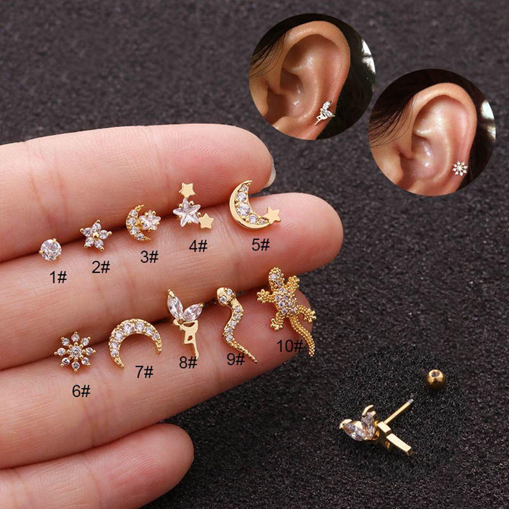 R-FLOWER 1PC Cartilage Ear Stud Jewelry Helix Piercing Gecko Lizard Moon Star Flower Ear Studs