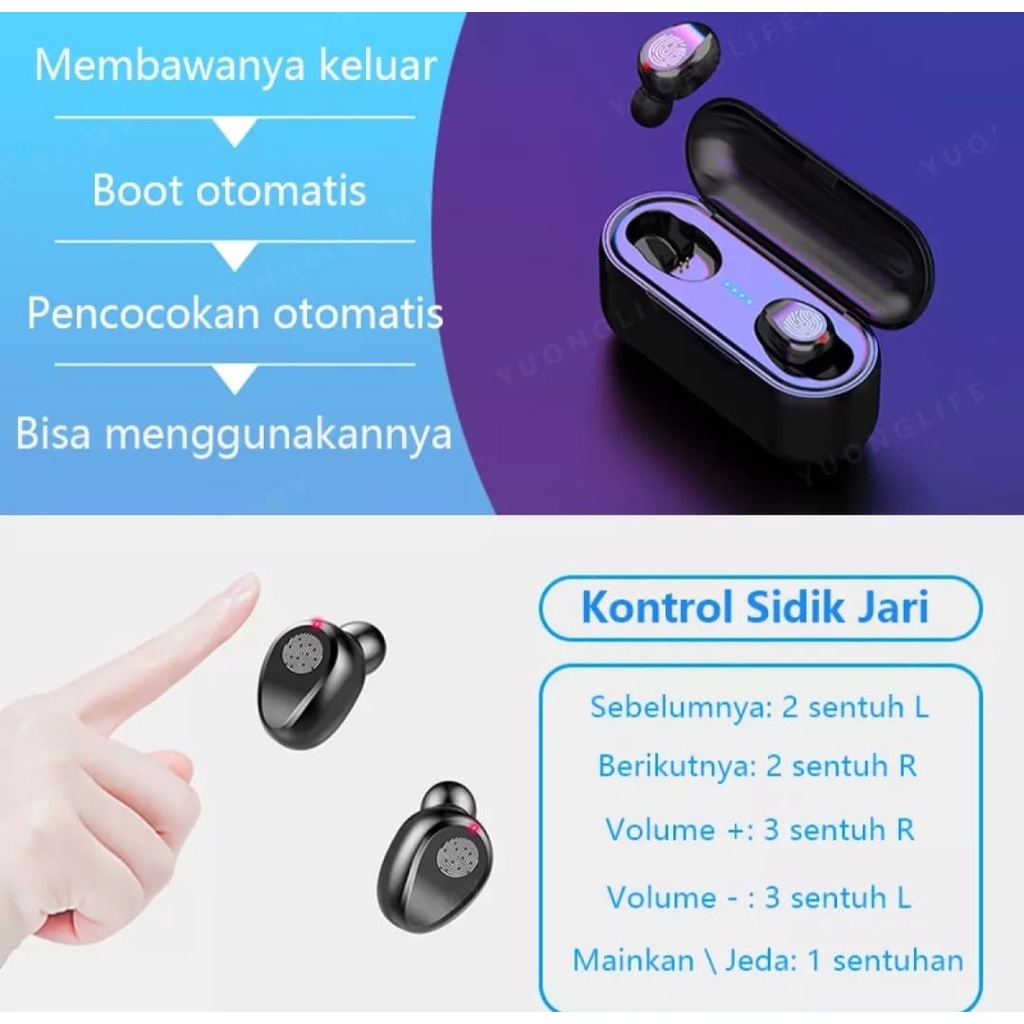 Headset Bluetooth LED Digital F9 TWS 5.0 Wireless Earbuds/F9 TWS Earbud Wireless Earphone Bluetooth Earphone 5.0 Headset Gaming Tahan Air Touch Control Layar Digital LED dengan Mikrofon 3500MAh Charger Kotak