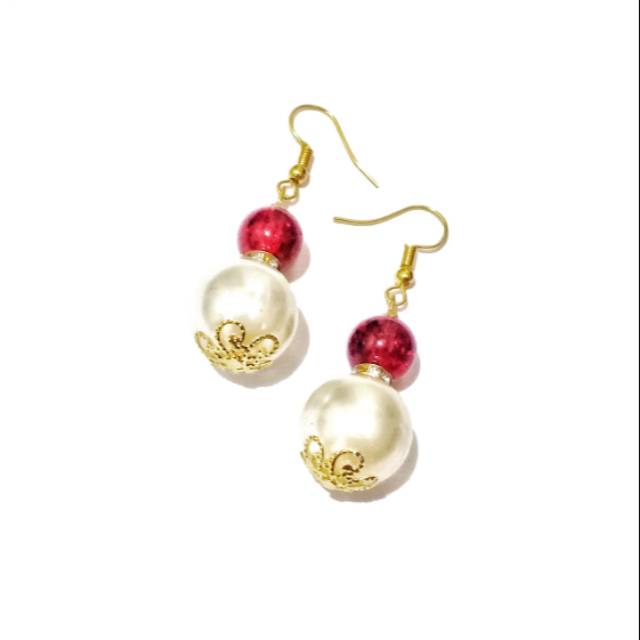 Yuri Red Pearl Earrings | Anting Imlek Sangjit Mutiara Hooks Handmade